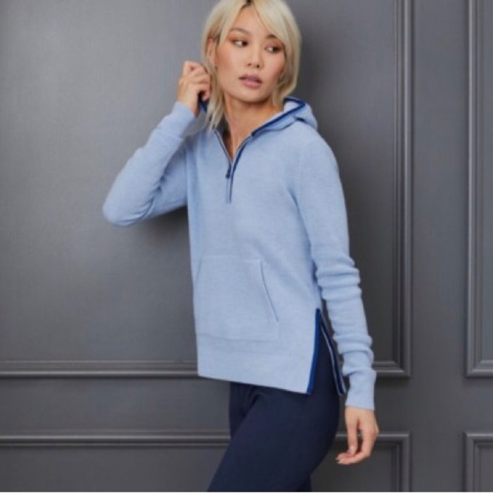 G/FORE waffle-stitch merino wool hooded quarter-zip sweater ice blue large NWT